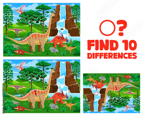 Find ten differences on prehistoric landscape with dinosaurs. Difference search kids game or riddle, matching puzzle. Find ten differences quiz vector worksheet with cute dinosaurs on landscape