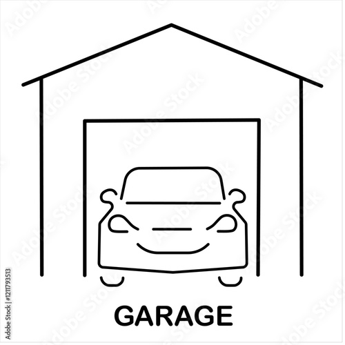 Garage and car icon vector, depicting a vehicle inside a garage. Suitable for automotive, parking, and storage-related visuals. Vector illustration.