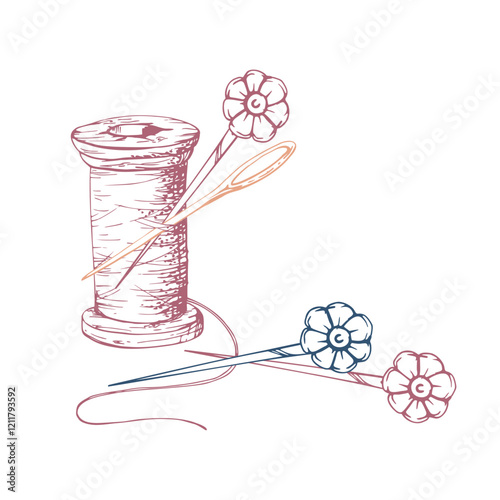 Wooden red thread spool skein bobbin, pin needles. Hand drawn ink vector illustration sewing craft embroidery supplies. Composition isolated on white background. Design atelier, tailor, hobby shop