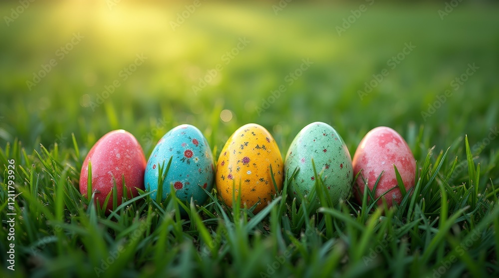 Fototapeta premium Colorful decorated Easter eggs with floral patterns placed in fresh green grass with sunlight. Easter celebration and spring holiday concept