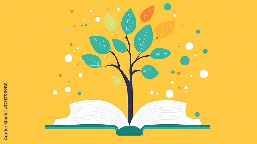 A tree grows from an open book symbolizing knowledge and growth