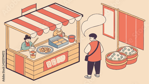 Night market, street vendors with snacks, vector illustration