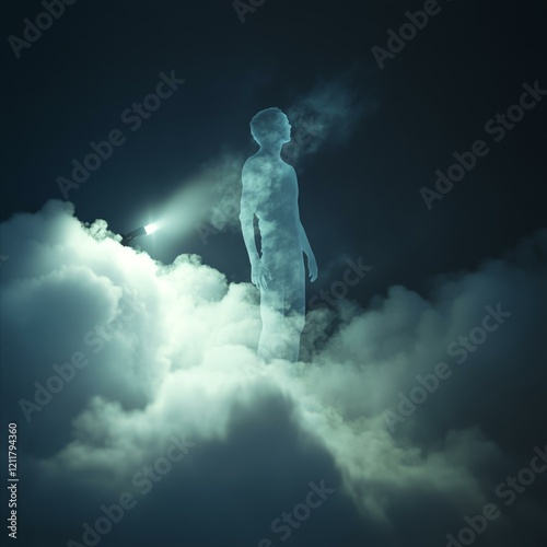 Illuminated Figure Among Clouds With Light Beam In Surreal Midnight Scape Atmospheric photo