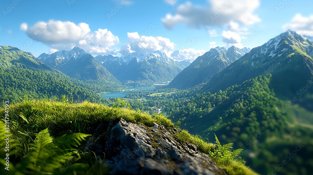 Fototapeta premium Majestic Mountain Landscape with Lush Greenery and Clear Sky