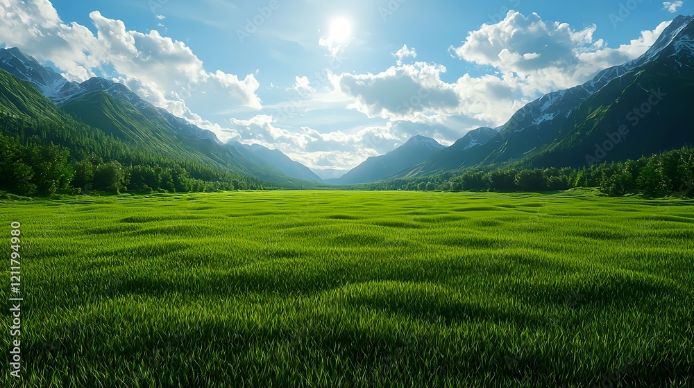 Lush Green Meadow Surrounded by Majestic Mountains and Blue Sky Lush Green Meadow Surrounded by Majestic Mountains and Blue Sky
