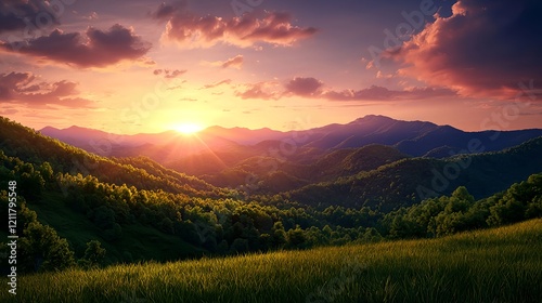 Serene Landscape with Mountains and Vibrant Sunset Over Hills