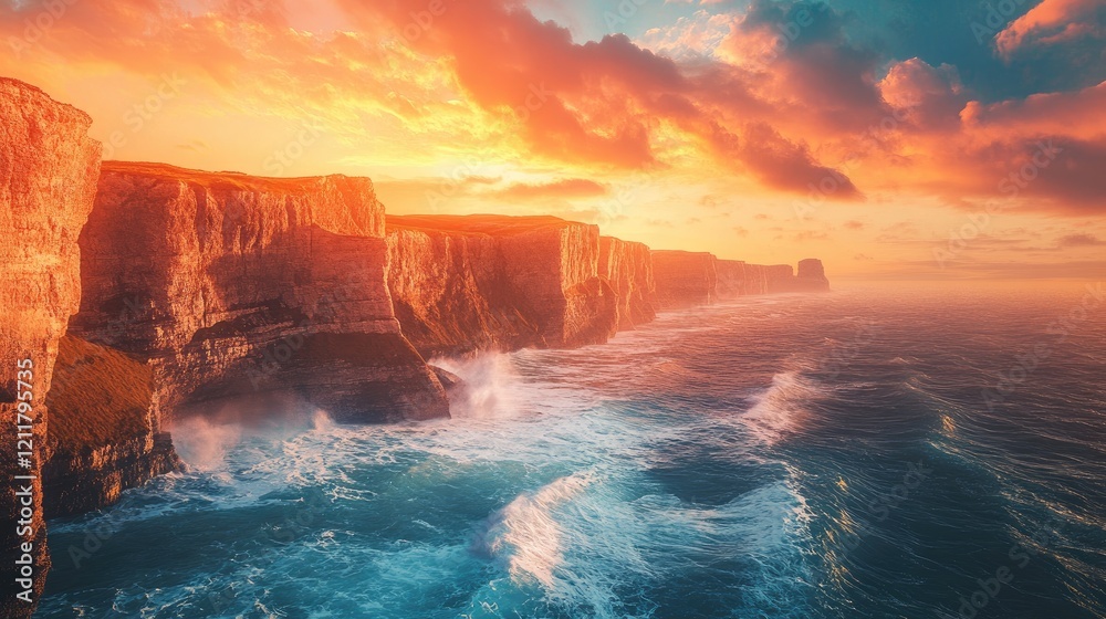 Fototapeta premium A breathtaking seaside scene with cliffs glowing under sunset light and waves crashing below