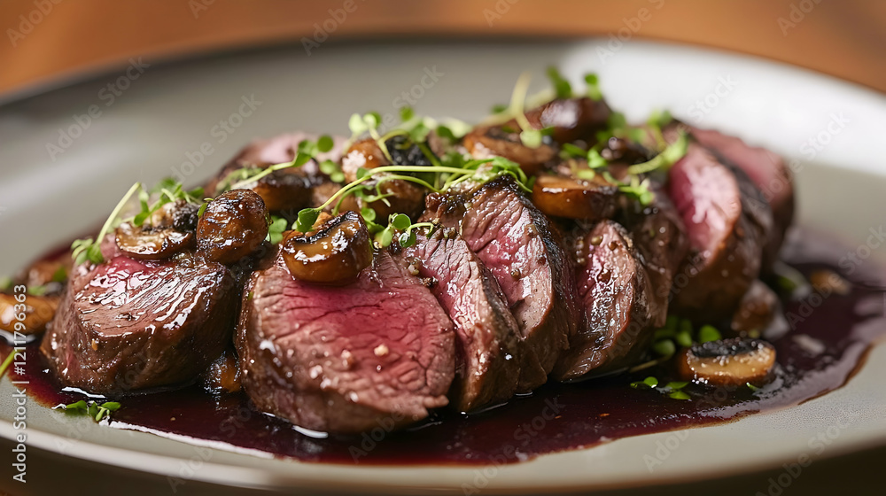 Sliced Beef with Red Wine Reduction and Roasted Mushrooms Sliced Beef with Red Wine Reduction and Roasted Mushrooms