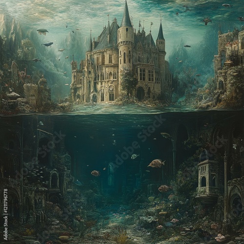 Underwater Castle Ruins with Fish and Flying Vehicles Above the Surface of the Water photo