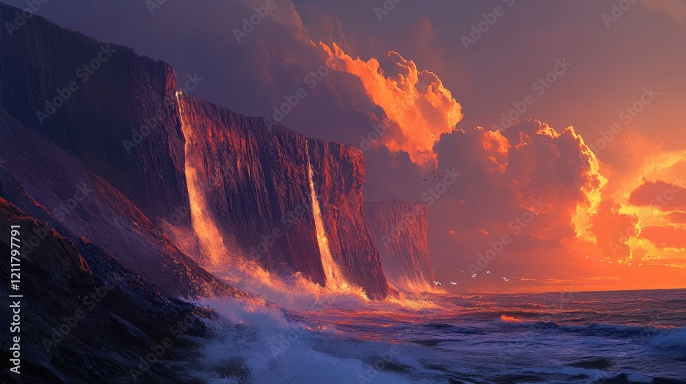 Fototapeta premium A dramatic coastal cliff illuminated by sunset hues, with waves fiercely crashing below