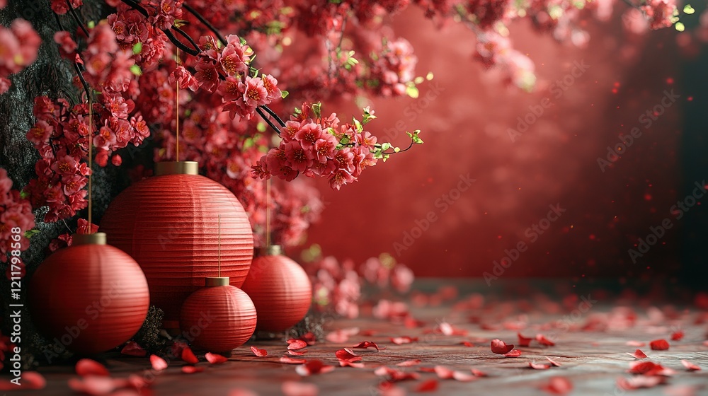Fototapeta premium Red Lanterns Hanging Beneath Blooming Cherry Blossoms