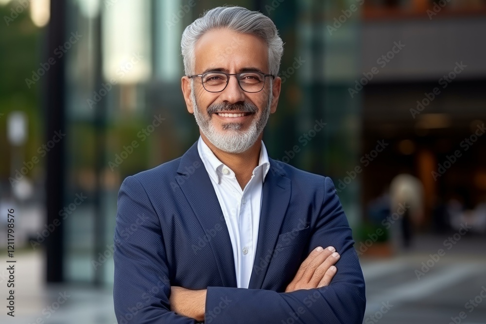 Portrait of a confident businessman smiling with arms crossed, exuding professionalism and success in a corporate setting Portrait of a confident businessman smiling with arms crossed, exuding professionalism and success in a corporate setting