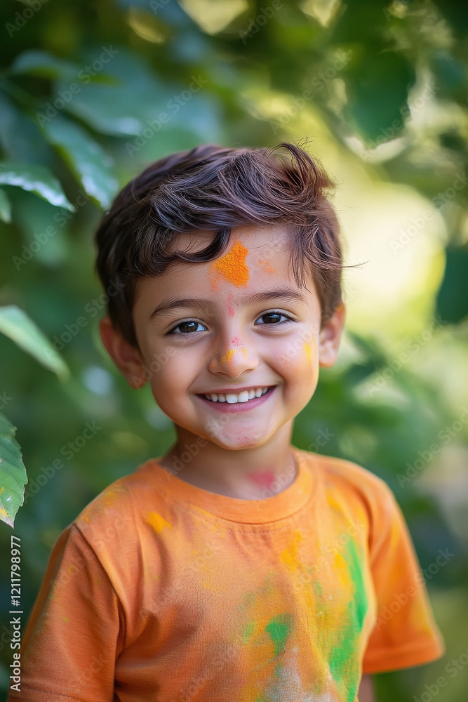 Little boy applying colors on face celebrating holi Little boy applying colors on face celebrating holi