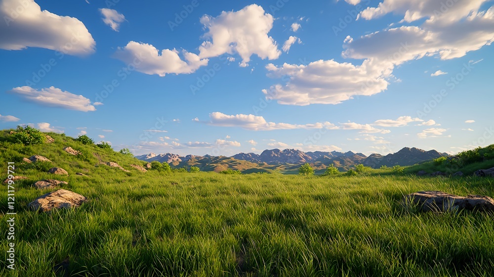 Lush Green Meadow Under Bright Blue Sky with Fluffy White Clouds Lush Green Meadow Under Bright Blue Sky with Fluffy White Clouds