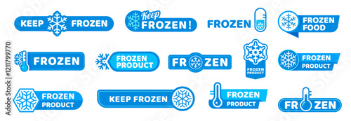 Blue frozen cold product icons, ice crystal labels and badges for fresh food package, vector symbols. Frozen food stamps for refrigerated meat, fish or seafood, keep cold package signs with snowflakes