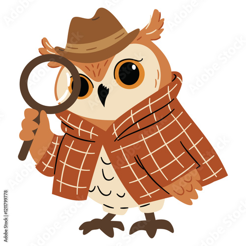Flat vector illustration in a simple children's style. Cute owl detective looking through magnifying glass, bird in detective costume. Vector illustration