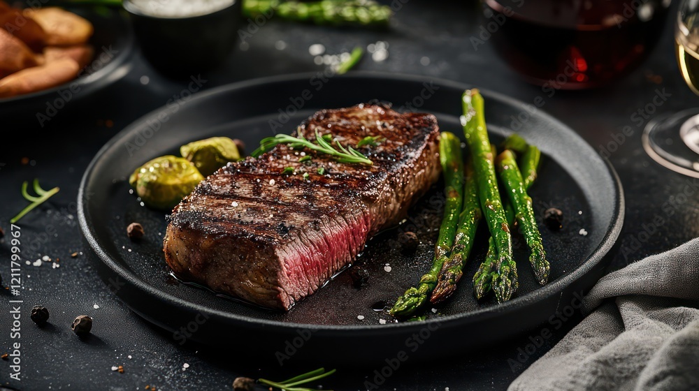 A juicy steak with asparagus and red wine on the side, served in an elegant restaurant setting. A juicy steak with asparagus and red wine on the side, served in an elegant restaurant setting.