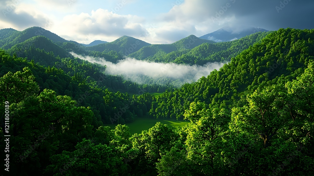 Naklejka premium Lush Green Mountains with Misty Valley Under Soft Morning Light