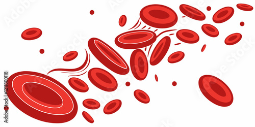 Flowing red blood cells isolated on white background. Flowing Red Blood Cells Illustration: Dynamic Medical and Biological Visualization.