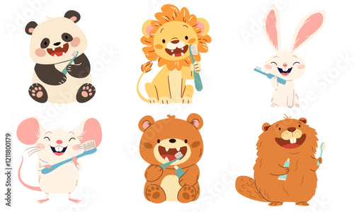 A set of flat vector illustrations in a simple children's style. Cute panda bear bunny bunny mouse lion and beaver brushing teeth, holding toothbrushes. Oral hygiene. Vector illustration