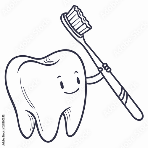 Smiling Tooth Holding Toothbrush: Cute Dental Hygiene Illustration for Oral Health Awareness.