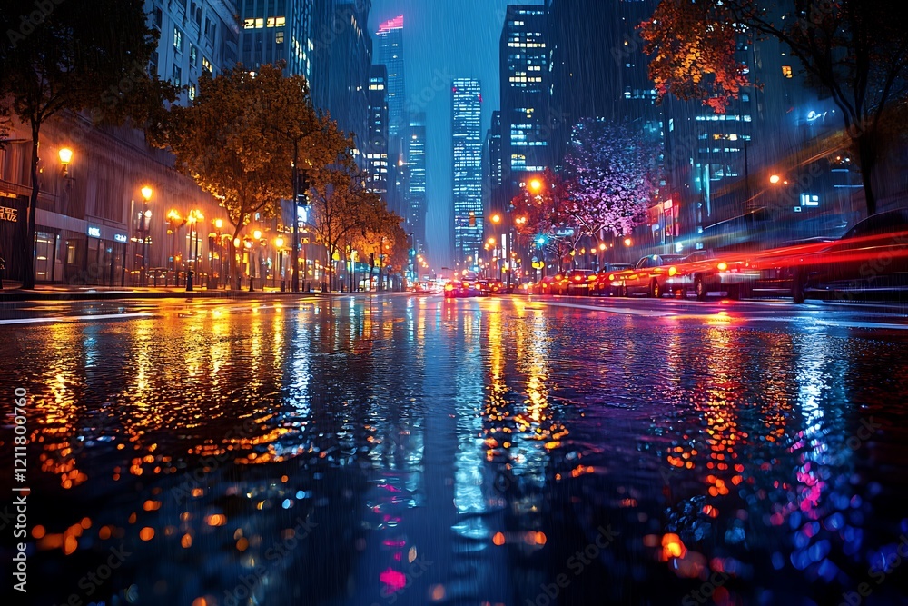 Vibrant City Street Reflections on a Rainy Night Vibrant City Street Reflections on a Rainy Night