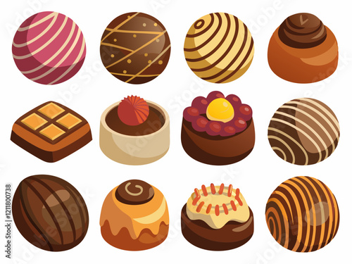 Elegant Collection of Chocolate Truffles and Pralines: Gourmet Sweet Treats in 12 Unique Designs.