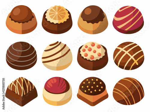 Elegant Collection of Chocolate Truffles and Pralines: Gourmet Sweet Treats in 12 Unique Designs.