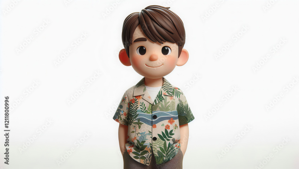 Cute animated boy character in tropical shirt studio setting digital art playful vibe Cute animated boy character in tropical shirt studio setting digital art playful vibe
