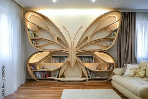 Large wooden butterfly bookshelf in a living room. photo