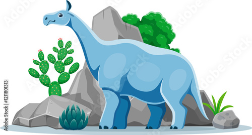 Indricotherium prehistoric dinosaur in natural landscape with lush plants, cacti and rocks. Cartoon vector four-legged dino character known as Paraceratherium lived in late Eocene to early Oligocene