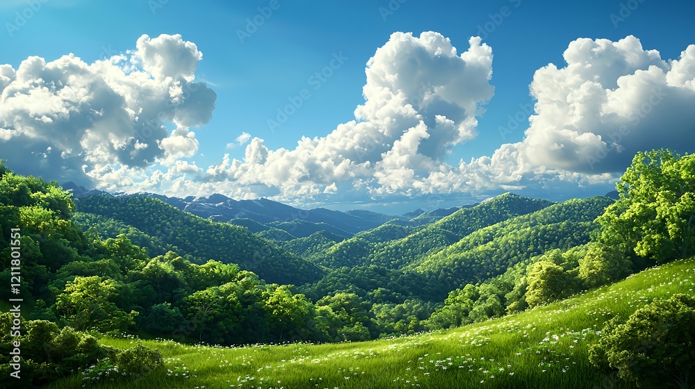 Obraz premium Lush Green Rolling Hills Under Bright Blue Sky with Fluffy Clouds