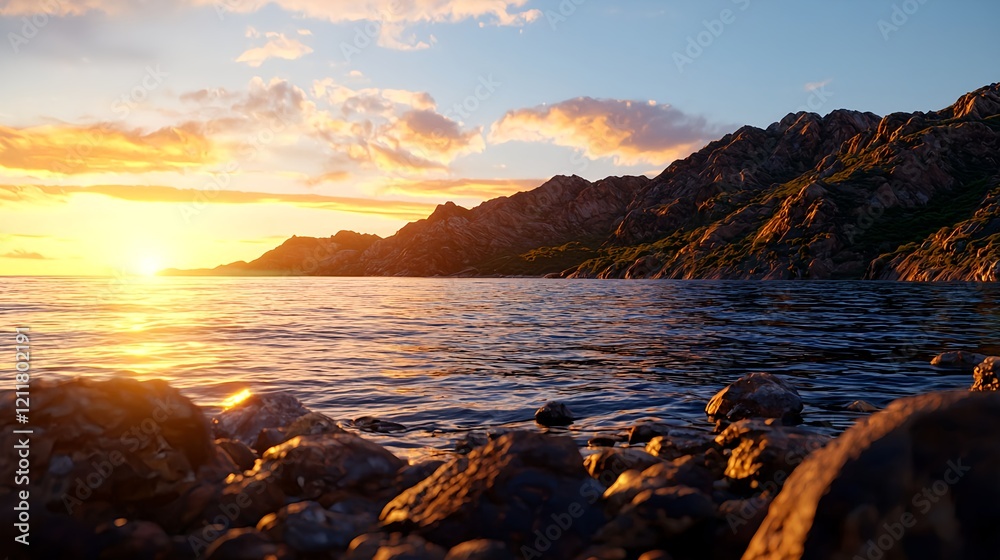 Serene Sunset Over Tranquil Waters and Rocky Shoreline Landscape Serene Sunset Over Tranquil Waters and Rocky Shoreline Landscape