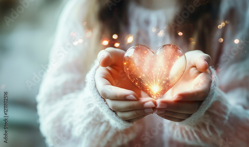 Luminous glass heart with sparkle bokeh in women hands