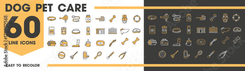 Dog pet care line icons of food, supplies for grooming and treats, vector symbols. Dog pet care icons of bone toy, bowl and pillow bed, leash with harness or collar and carrier bag with dog shampoo