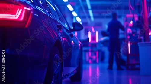 A sleek black car in a vibrant workshop illuminated with pink and blue lights, showcasing automotive work photo