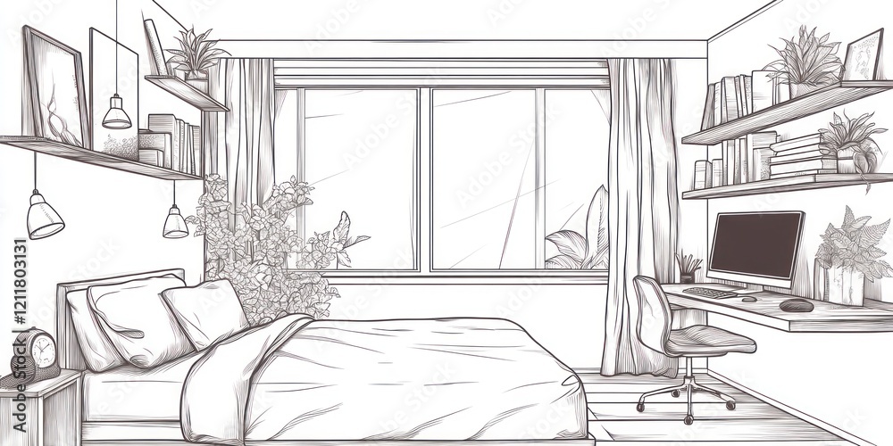 Modern Bedroom Design Sketch Featuring Plants and Workspace Modern Bedroom Design Sketch Featuring Plants and Workspace