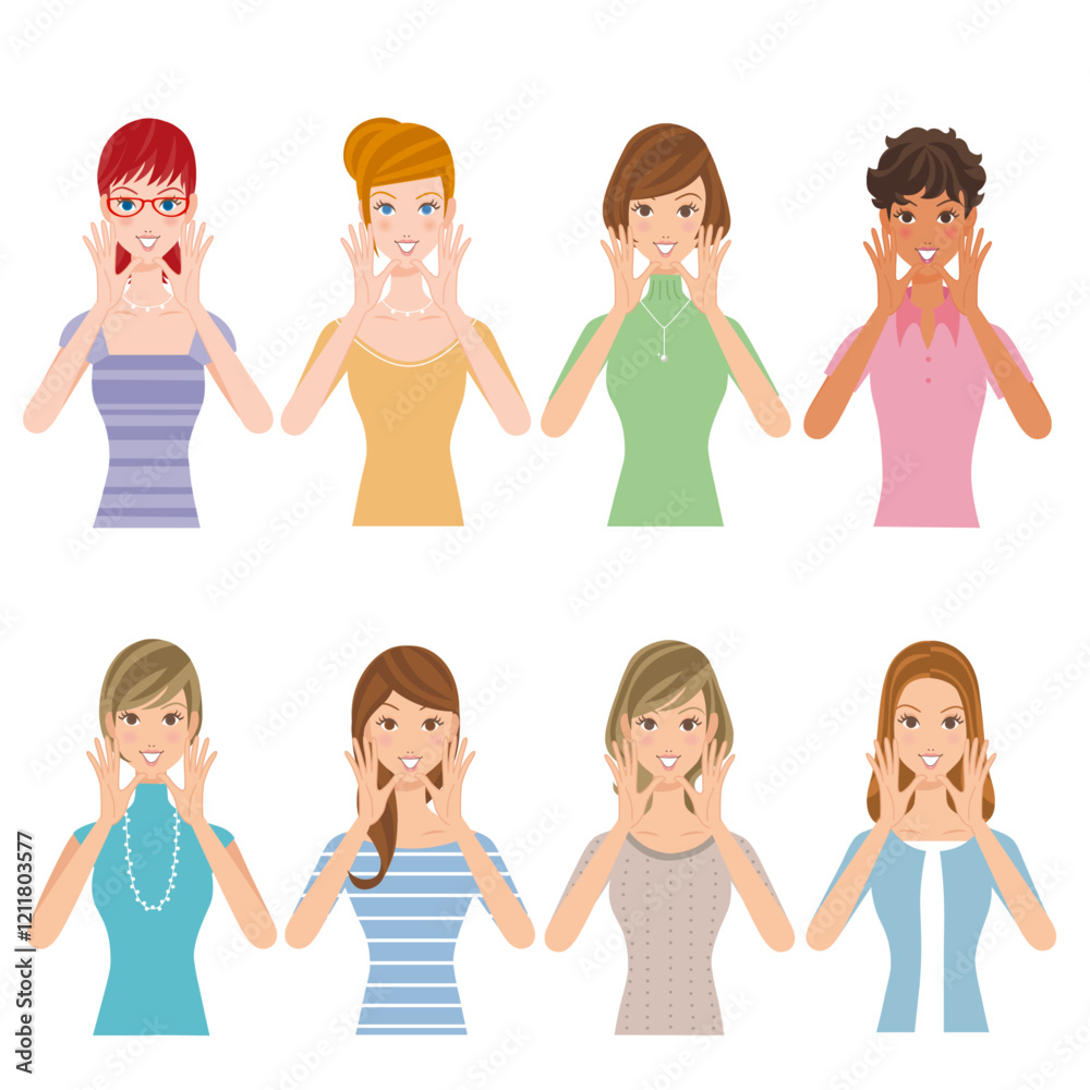 手を顔に近ずけて応援してる、たくさんの女性 手を顔に近ずけて応援してる、たくさんの女性