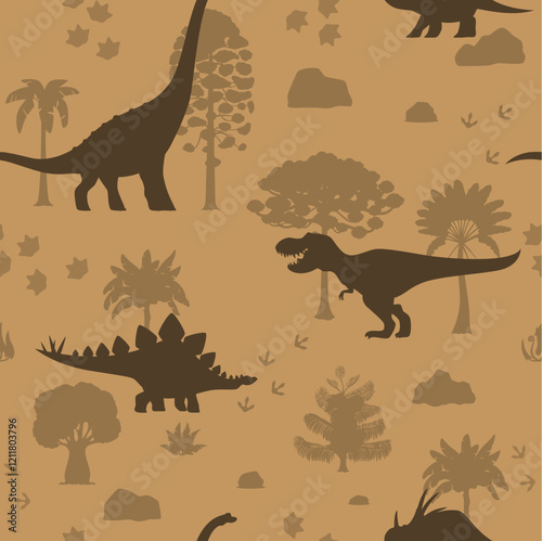 Prehistoric dinosaurs seamless pattern. Jurassic dinos vector background with silhouettes of tyrannosaurus rex, stegosaurus, styracosaurus and titanosauria. Dinosaurs, palm trees, footprints pattern