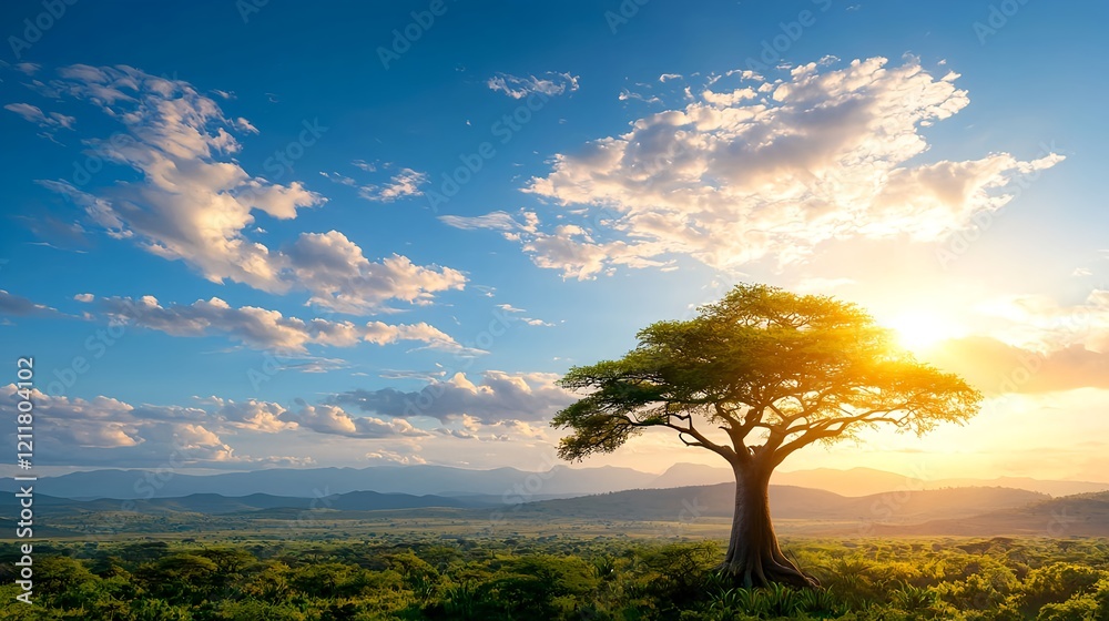 Fototapeta premium Majestic Acacia Tree Under Bright Blue Sky at Sunset