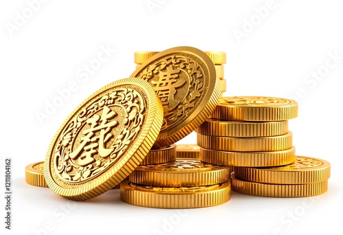 Golden Chinese coins stack, wealth, prosperity, isolated, white background, finance