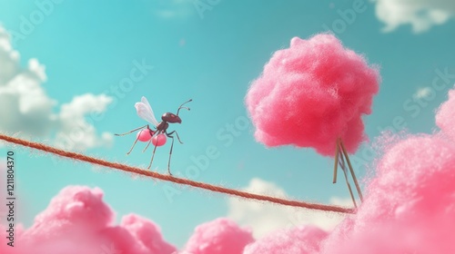 A whimsical scene featuring an ant with wings walking on a string amidst fluffy pink clouds. photo