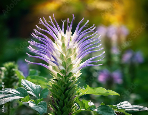 A spiky purple Ptilotus flower displays its feathery, bottle-brush like bloom against a soft-focused garden background.