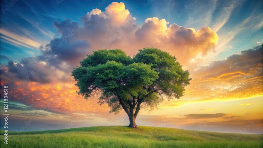 Fototapeta premium Serene Heart-Shaped Tree on a Verdant Hill Against a Vibrant Sunset Sky