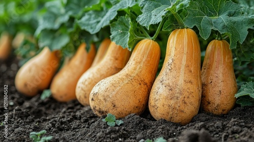 Autumn Harvest: A Row of Ripe Butternut Squash Resting on Dark Soil