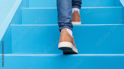Feet climb the steps.