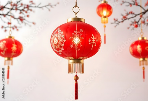 Illuminated Red Lanterns Hanging Studio, Festive Asian Background
