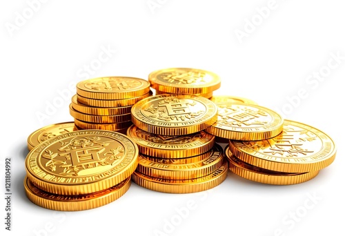 Golden coins piled, isolated, white background, finance concept
