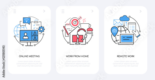 Online meeting and remote work - line design style banners set