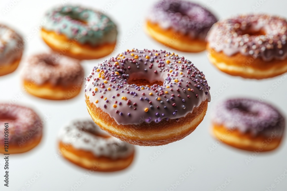 Delicious levitating donut with purple icing and colorful sprinkles, surrounded by blurred donuts in various colors. Perfect for food blogs, bakery websites, or dessert-themed projects. Delicious levitating donut with purple icing and colorful sprinkles, surrounded by blurred donuts in various colors. Perfect for food blogs, bakery websites, or dessert-themed projects.